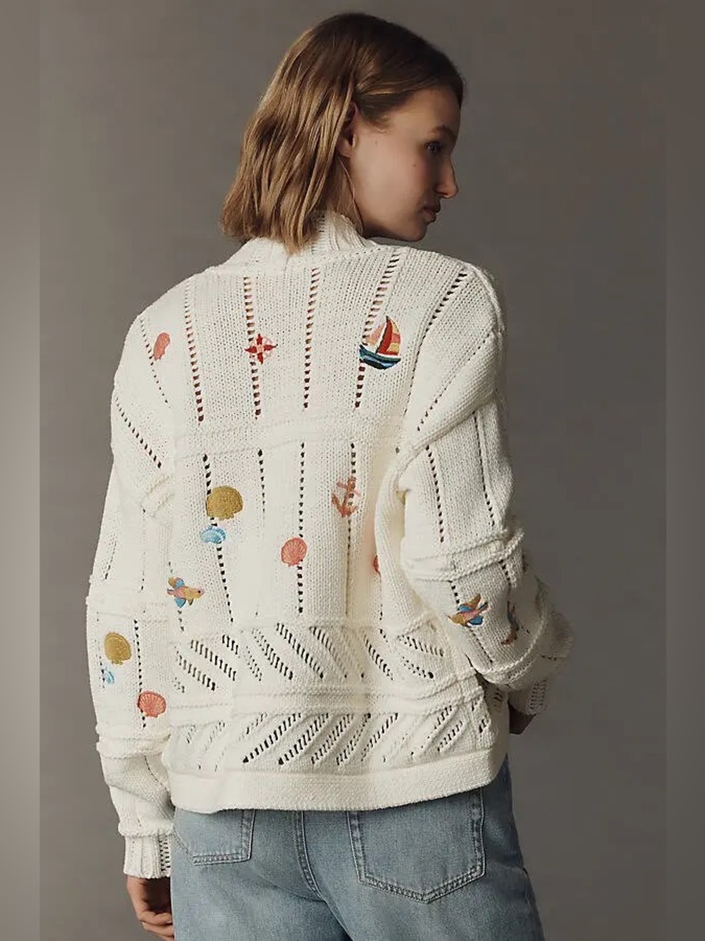 Anthropologie Maeve Seaside Embroidered Icons Cardigan Sweater (Size L) - NWT